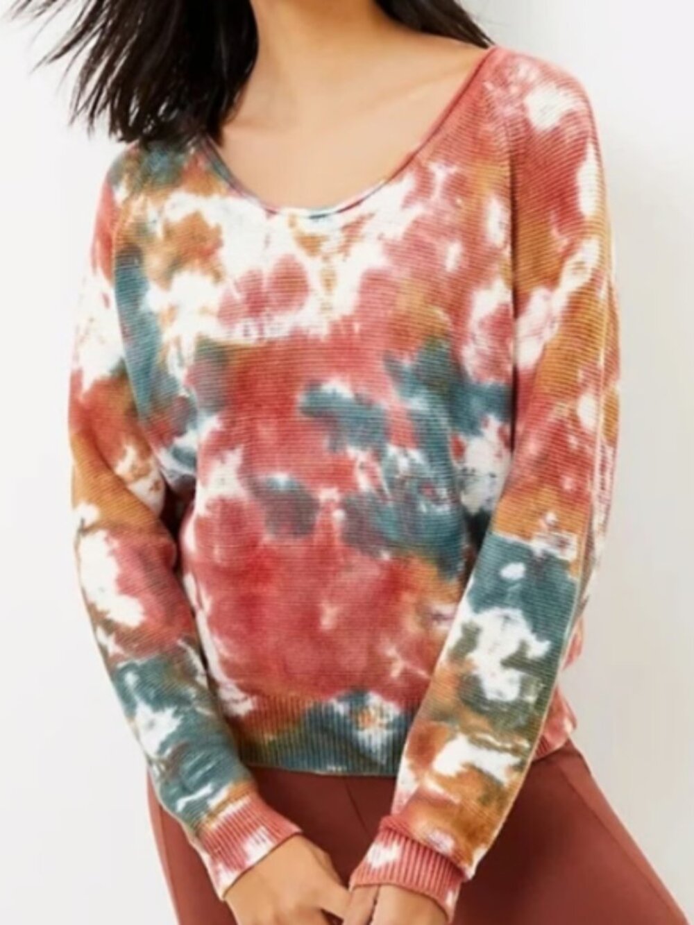 LOU & GREY Coral and Teal Tie Dye Cotton Knit Pullover Sweater Size XL